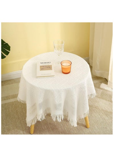 اشتري SZYYQ Coffee Square Small Table Cloth, Coffee Table Cover with Pockets and Tassel, Cotton Linen Waterproof Small Tablecloths Washer Dryer Fridge Top Dust Cover (34 x 34 in) Milk White في الامارات