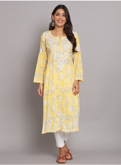 Buy Hand Embroidered Chikan Printed Mulmul Straight Kurta-AL3680 in UAE