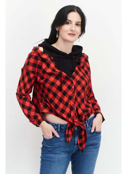 اشتري Women Hood With Drawstring Long Sleeve Gingham Top, Red/Black في الامارات