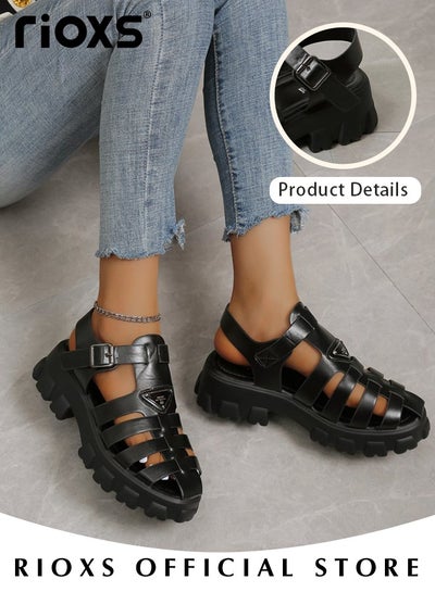 Buy Women's Hollow Roman Sandals Platform Closed Round Toe Sandals Summer Comfy Sandals With Buckle in Saudi Arabia