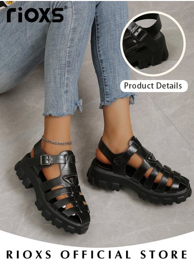 Buy Women's Hollow Roman Sandals Platform Closed Round Toe Sandals Summer Comfy Sandals With Buckle in Saudi Arabia