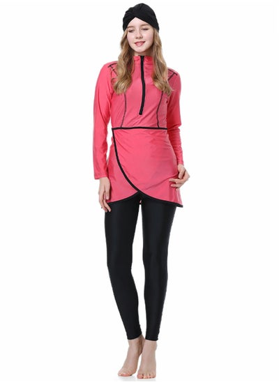 اشتري Women Large Size Muslim Swimming Costume for Women 3 Piece Full Coverage Zipper Front Swimwear Islamic Rash Guard Pink في الامارات