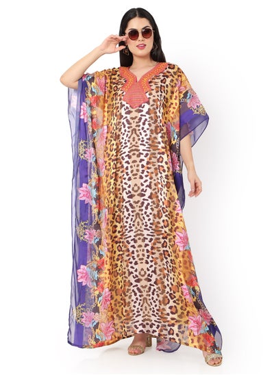 Buy DIGITAL MULTICOLOUR LEOPARD PRINTED LONG STYLISH ARABIC KAFTAN JALABIYA DRESS in Saudi Arabia