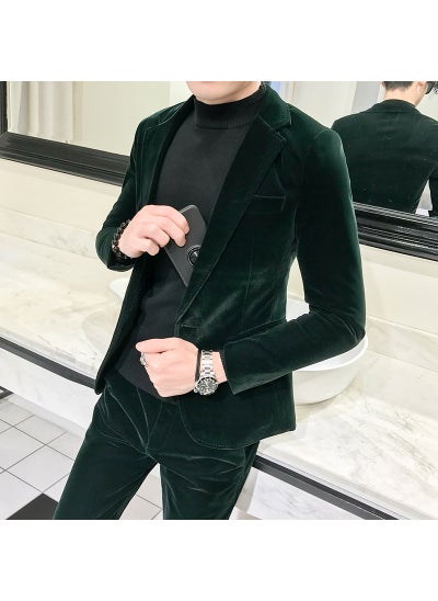 اشتري 2022 Autumn Trendy Mens Slim Velvet Suit Set Dark green في الامارات