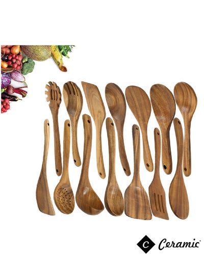 Buy Wooden Spoons For Cooking 14 Piece Utensil Set With Holder Wood Kitchen in UAE