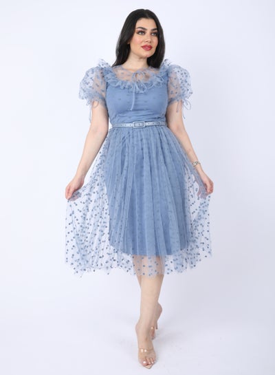 Buy Chiffon dress with short sleeves and a belt at the waist, Cyan in Saudi Arabia