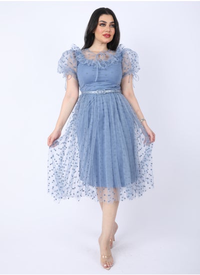 Buy Chiffon dress with short sleeves and a belt at the waist, Cyan in Saudi Arabia