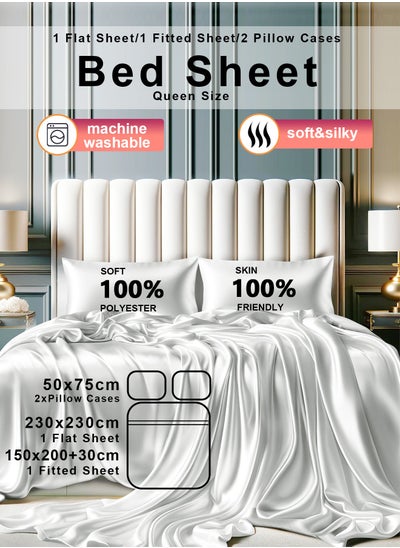 Buy 4 Piece Queen Sheet & Pillowcase Sets Full Bedding Set 1 Flat Sheet 1 Fitted Sheet  2 Pillow Cases (50*75) Silky Satin white, Solid Color Soft Comfortable Breathable Bedding Mattress Protector Set For Bedroom and Guest Room in Saudi Arabia