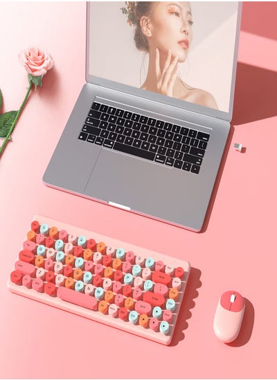 Buy Wireless Keyboard And Mouse Combination Cute Round Key Wireless USB Smart Power Saving Ultra-Thin Integrated For Laptop Computer PC And Desktop Pink in UAE