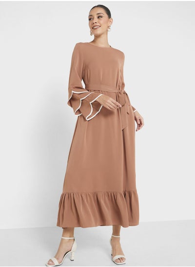 Buy Contrast Trim Belted Dress in UAE