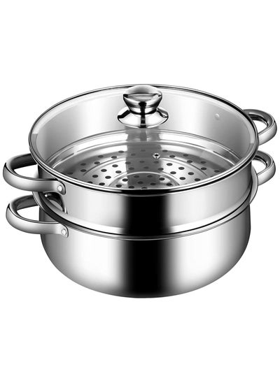 Buy Stainless Steel Steamer,11'' Multi-Layer Cookware Pot with Handle on Both Sides,with Tempered Glass Lid,Work with Gas,Electric,Grill Stove Top,Dishwasher Safe,Includes 2 Steaming Septa (2-Tier) in UAE