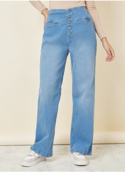 اشتري Multi Button Placket Wide Leg High Rise Jeans في السعودية