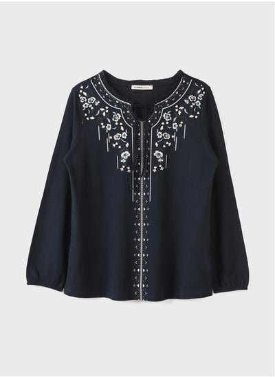 Buy Tie Collar Embroidered Long Sleeve Viscose Women's Blouse in Egypt