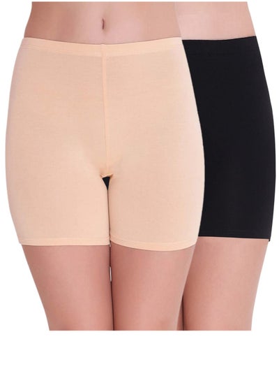 اشتري Women's Cotton Lycra Cycling/Yoga/Night/Under Skirt Safety Shorts (Pack of 2), Black/Beige في الامارات