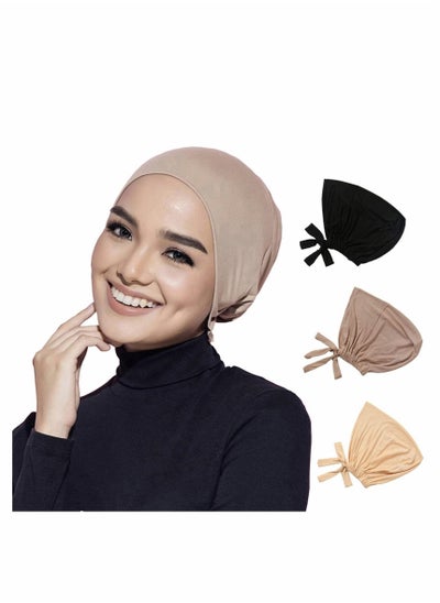 Buy 3-Piece Solid Color Women Under Scarf Chemo Headwear Hat  Stretchable Hijab Cap Islamic Muslim with  Adjustable Tie-Back Closure in UAE