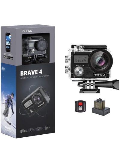 Buy AKASO Brave 4 4K WiFi Action Camera 20MP Ultra HD with EIS 30m Underwater Waterproof Camera Remote Control 5X Zoom Video Camcorder with 2 Batteries and Accessories Kit in UAE