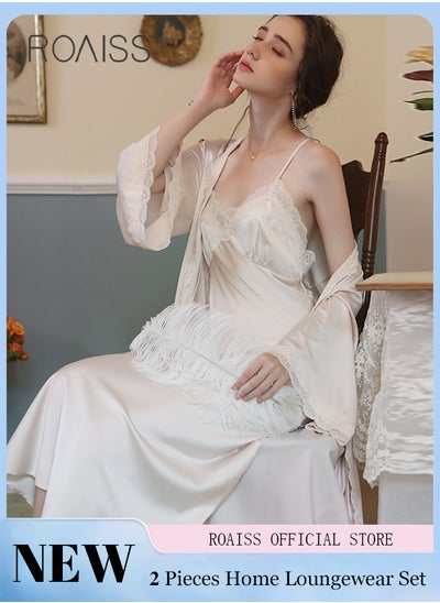 Buy 2 Piece Set Women Sweet Nightdress Ice Silk Sling Lace Pajamas Ladies Satin Long Sleeve Robe Loungewear Loose Nightgown with Pad Female Spring Autumn Solid Home Wear in UAE