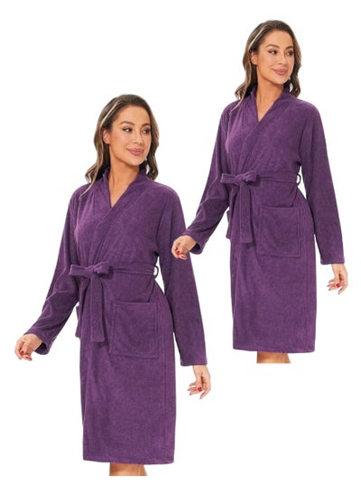 Buy 2 Pieces Purple Colour Soft Sleepwear Belted  Bathrobe XL Size With Pockets in UAE