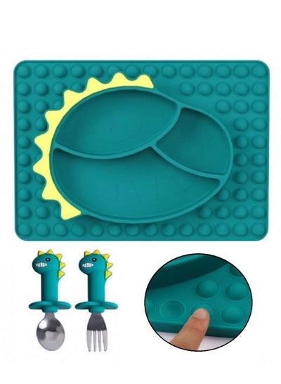 Buy Dinosaur Shape Pop It Fidget Baby Suction Plate with Spoon and Fork Set Divided Silicone Plate Self Feeding Food Grade Silicone Baby Tableware Anti-Slip Feeding Placemat for Babies in Saudi Arabia