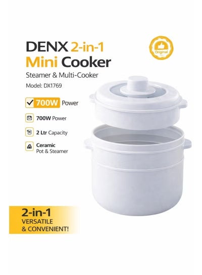 2-in-1 Mini Electric Rice Cooker & Steamer 2L DX1769 700W Compact Multi ...