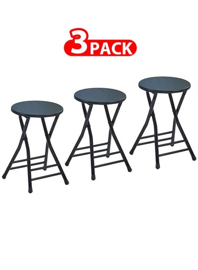 Buy 3 Pack For Folding Stool Round Portable Folding Stool Wood Seat Black in UAE