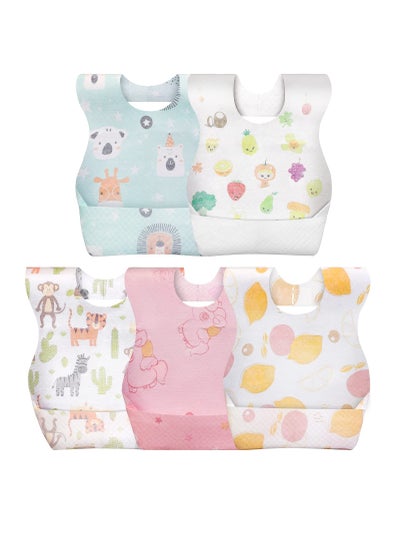 Buy 50 PCS Disposable Bibs, Baby Bibs for Girls and Boys, Travel Bibs with Individual Package, Sticky Snap Closure Bib For Baby Girls, Large Pocket, Waterproof and Adjustable in UAE