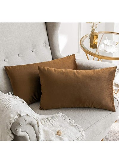 Buy Two-Sided Washable Velvet Pillow Cover - 12 x 20 Inches / 30 x 50 cm - Pack of 2 - Brown - Soft Pillow Covers Cushion Covers Case for Sofa Bedroom Livingroom Chair Car, Cushion Cover in UAE