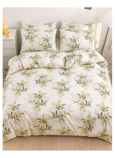 Buy 6-Piece Leaves Design Deluxe Soft Quality Korean Style Duvet Cover Set Includes 1xDuvet Cover 220x240cm, 1xBedsheet 200x200+30cm, 4xPillow Cover 50x75 cm in UAE