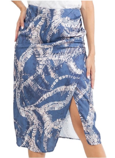 اشتري Abstract Print High-Waisted Pencil Skirt with Side Slit - Blue and Beige Midi Skirt في الامارات