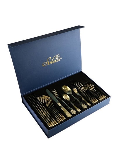 اشتري 30 Piece Cutlery Set  Stainless Steel Flatware Set With Case  Eco-Friendly  Gold  And Mirror Polish  And Laser Pattern With Gold Color في السعودية