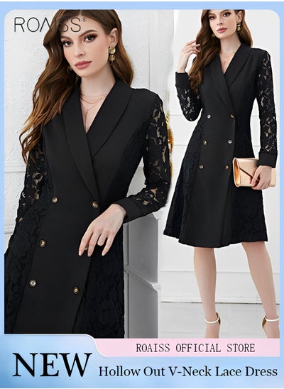 Buy Women's Fashion Lace Patchwork Suit Dress Versatile Double Breasted Waistband Design A-Line Dress Elegant Formal Occasion Professional Dress in UAE