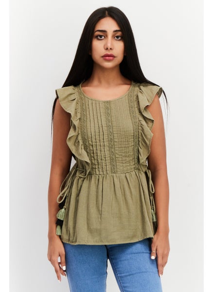 اشتري Women Round Neck Flutter Sleeve Textured Top, Olive في الامارات