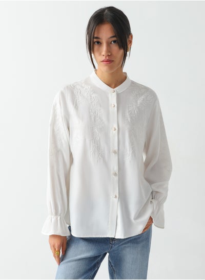 Buy Women's Viscose Floral Embroidery Blouse with Pearls Buttons Loose Fit White in UAE