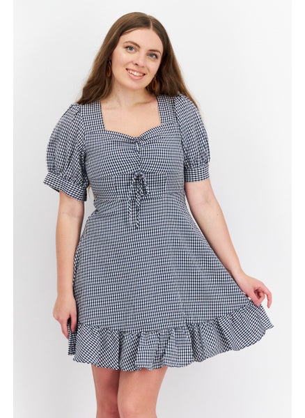 Buy Women Gingham Printed Mini Dress, Navy/White in Saudi Arabia