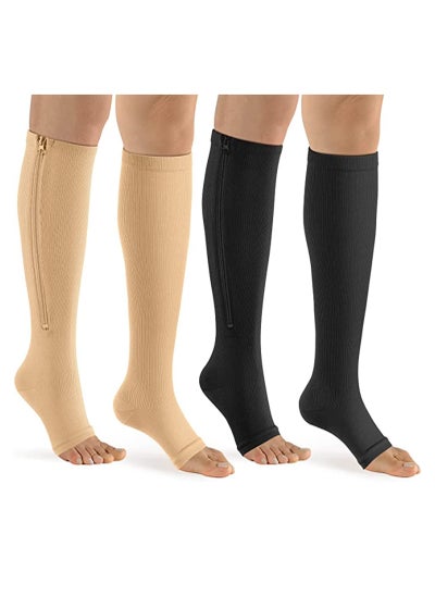 Buy 2 Pairs Compression Socks Open Toe Compression Stockings Knee High Socks with Zipper Compression Pantyhose 15-20mmHg for Improves Blood Circulation Prevents Leg Swelling (Beige Black) in Saudi Arabia