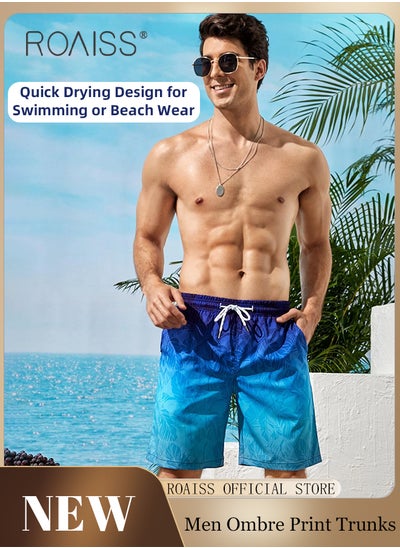 Buy Ombre Tropical Print Drawstring Swim Trunks for Men Quick Dry Loose Fit Comfy and Breathable Bathing Shorts Mens Casual Elastic Sports Beach Shorts with Pockets and Mesh Lining in UAE