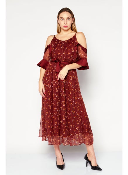 Buy Women  Floral Pattern Midi Dress, Maroon Combo in Saudi Arabia