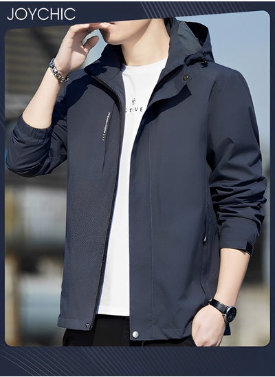 اشتري Solid Pattern Autumn and Winter Men's Jacket Hooded Casual Sports Windproof Zipper Coat with Cap Outdoor Dark Grey في السعودية