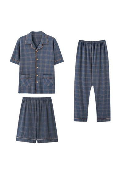 Buy 3-Piece Men's Pajama Set Short-Sleeved Plaid Pajama Set Trousers Shorts Men's V-Neck Pajamas Pure Cotton Robe Home Clothes Home Clothes Size L Is Suitable for Height 165-175cm Weight 60-70kg in Saudi Arabia