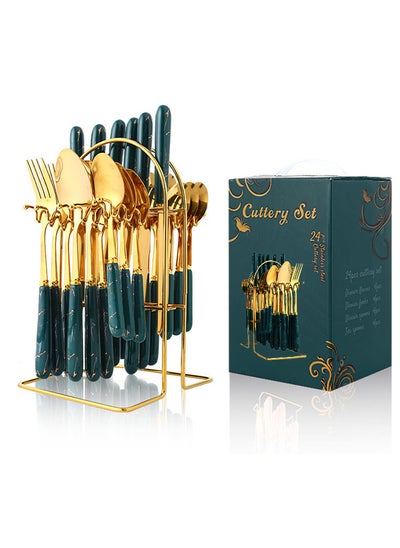 Buy 24 Piece Flatware Set Service for 6 Spoons Forks Knives Tableware Utensil Mirror Polished Cutlery Set with Storage Holder in Saudi Arabia