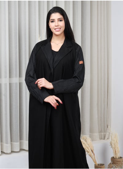 Buy Black abaya with a turn-down collar and floral fabric on the collar sleeves and back in Saudi Arabia