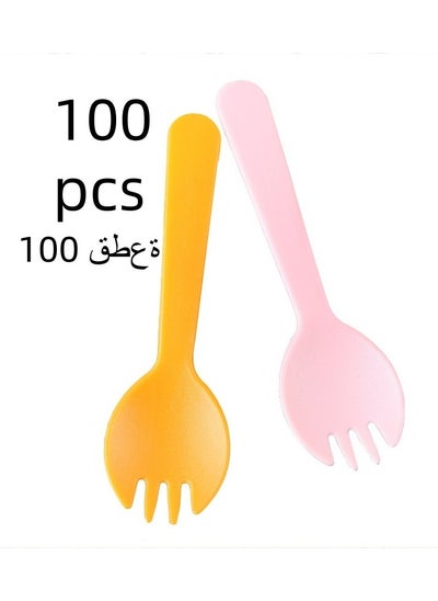 Buy Individually Wrapped Disposable Fruit Forks and Spoons 2 in 1 Dessert Forks and Spoons Cake Cutlery Forks and Spoons Portable Food Grade Forks and Spoons Suitable for Banquets and Parties (100 pcs) Pink and Yellow Size 11.5cm x 3.2cm in Saudi Arabia