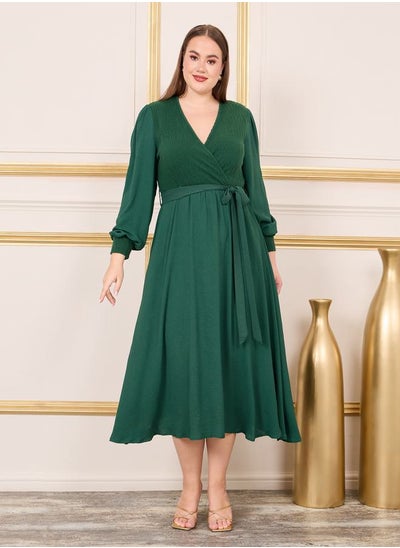 Buy Plus Textured Knit Self Tie Up A-line Midi Dress in Saudi Arabia