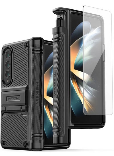 Buy Quick Stand Active S (S-Pen Compartment In Hinge Protection) Case Cover For Samsung Galaxy Z Fold 4 (2022) With Kickstand & Screen Protector- Matte Black (S-Pen NOT included) in UAE