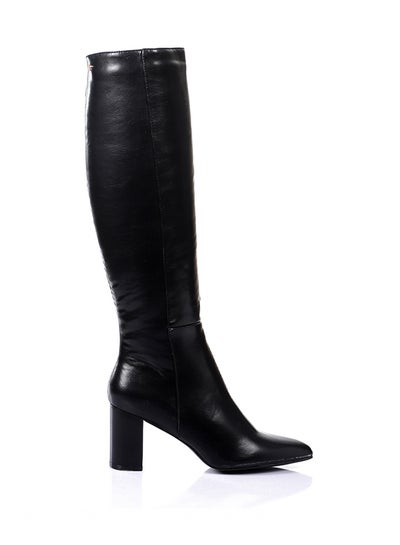 Buy Pointed Toecap Knee-High Plain Black Feminine Leather Boots in Egypt