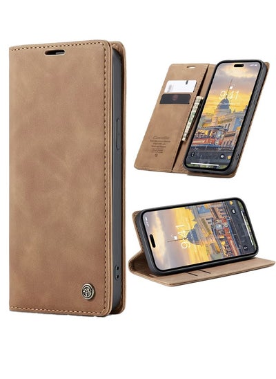 Buy iPhone 15 Leather Case Wallet Flip Cover Card Slots Magnetic Closure Stand Phone Holder Function Fold Shockproof Protective Full Protection Anti-drop Anti-scratch Accessory For iPhone 15 in UAE