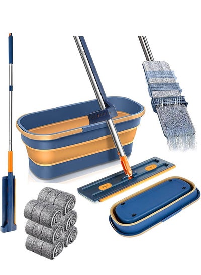 Buy Floor Mop and Bucket Set,Large Flat Mop with Foldable Bucket,360° Spinning Flat Mop with 6 Microfiber Pads and Dewatering Scraper,Self Wash Wall Mop,for Tile Floor Wall Cleaning Wet and Dry Use(Blue) in Saudi Arabia