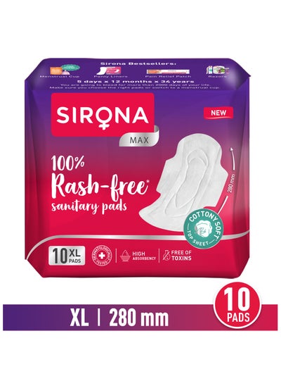 Buy Sirona Max Sanitary Pads for Women | XL (Pack of 10 Pads) | 100% Rash Free & Toxic-Free | Organic Cotton Sanitary Pad | Up to 0% Leakage, Comfortable & High Absorbency in UAE