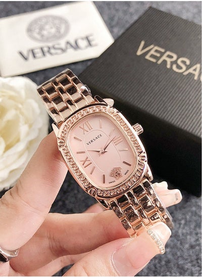 اشتري Versace Women's Cubic Zirconia Classic Fashion Versatile Rectangular Quartz Watch with Rose Gold Stainless Steel Band 26mm Pink Dial في الامارات