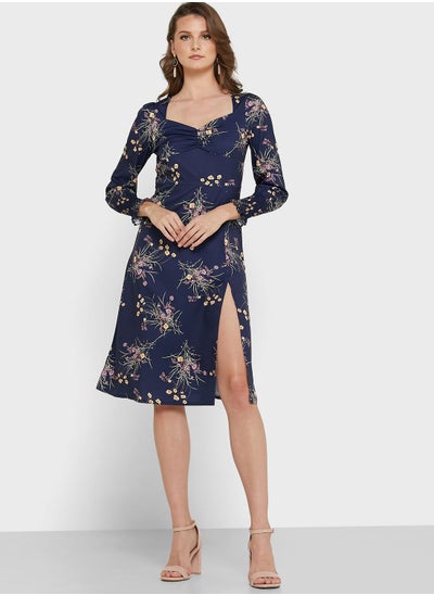 Buy Sweetheart Neck Side Slit Printed Dress in UAE